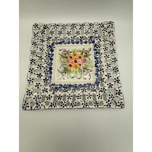 Vtg Italian Hand Painted Blue & White Floral Reticulated Square Plate Pottery